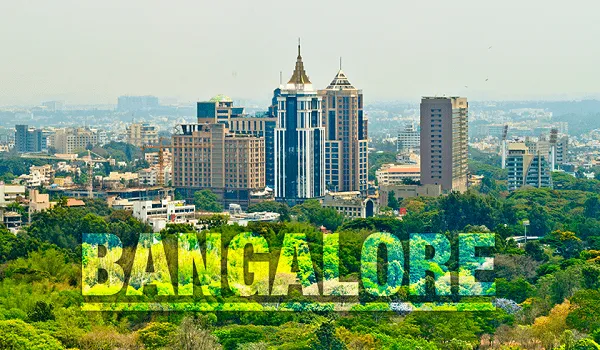 Bengaluru city skyline with high-rise buildings and greenery
