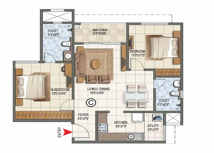 Indicative 2 BHK floor plan with living and dining, two bedrooms, two toilets, kitchen, utility and balcony