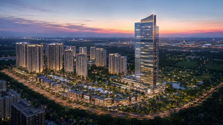 Artistic impression of a township skyline with residential towers and a tall office tower at sunset