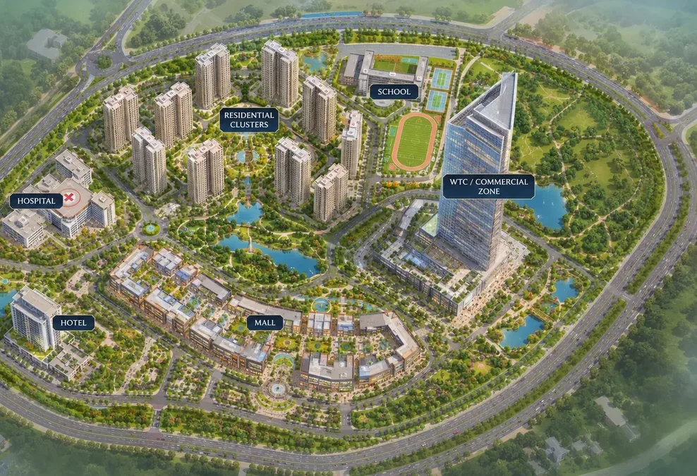 Indicative master plan illustration showing residential clusters, school, hospital, hotel, mall and the WTC commercial zone