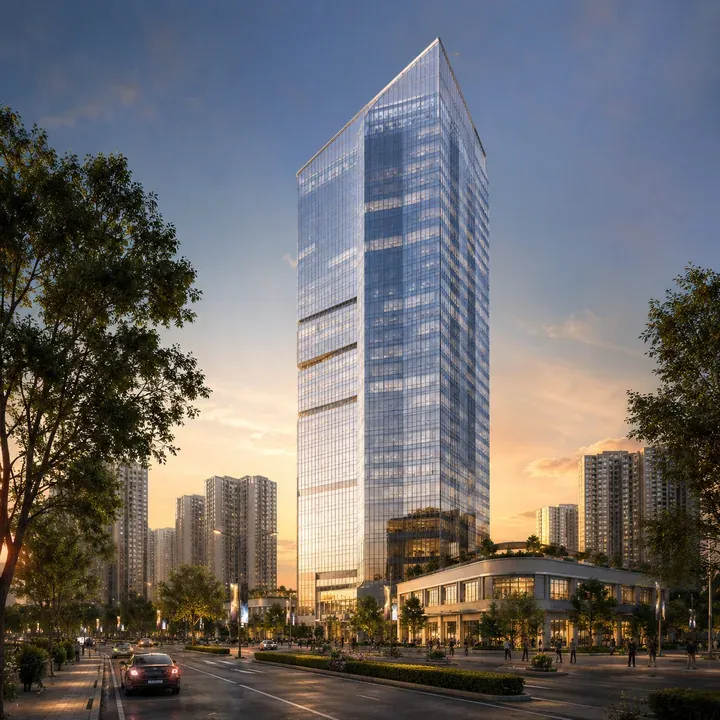 Artistic impression of a tall glass office tower on a tree-lined avenue